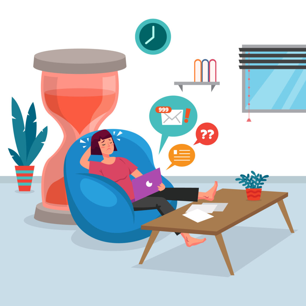 Femme assise stressée devant un sablier géant, symbole de la procrastination au travail.