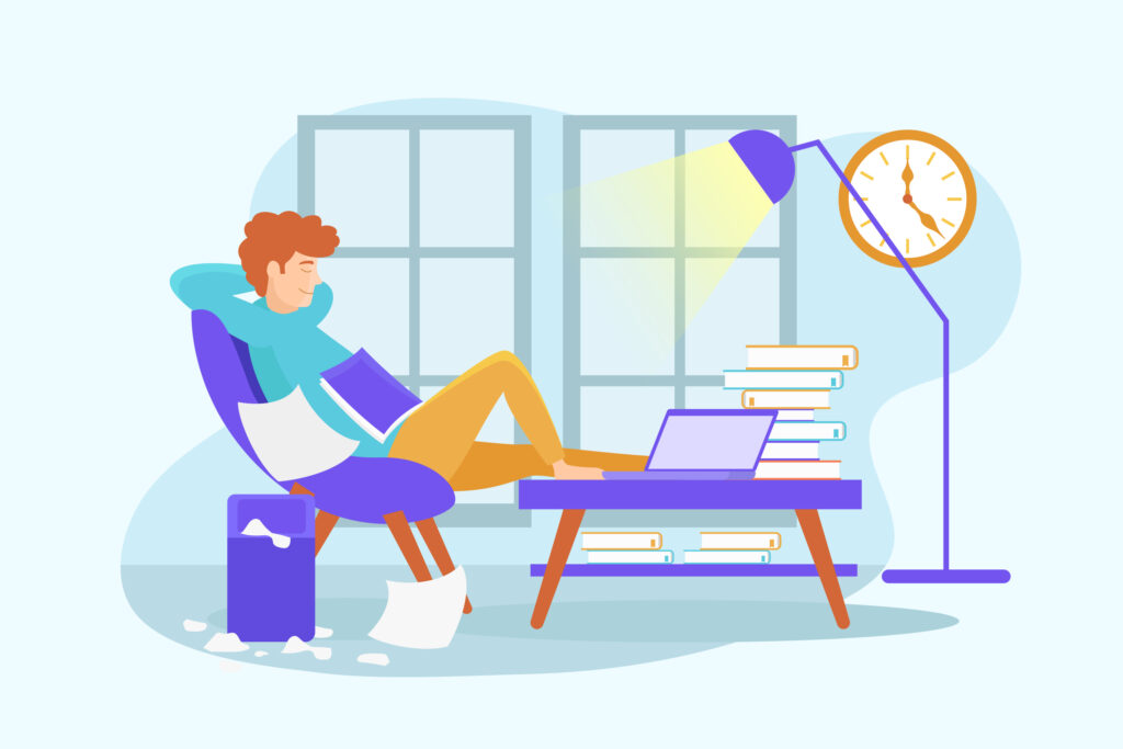 Étudiant procrastinant en étudiant, assis avec un ordinateur portable et des livres non terminés.