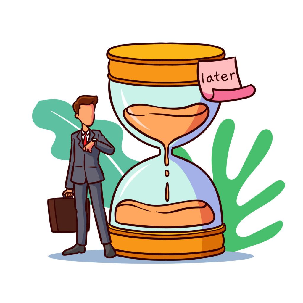 Homme d’affaires regardant sa montre devant un sablier marqué “later”, symbole de procrastination au travail