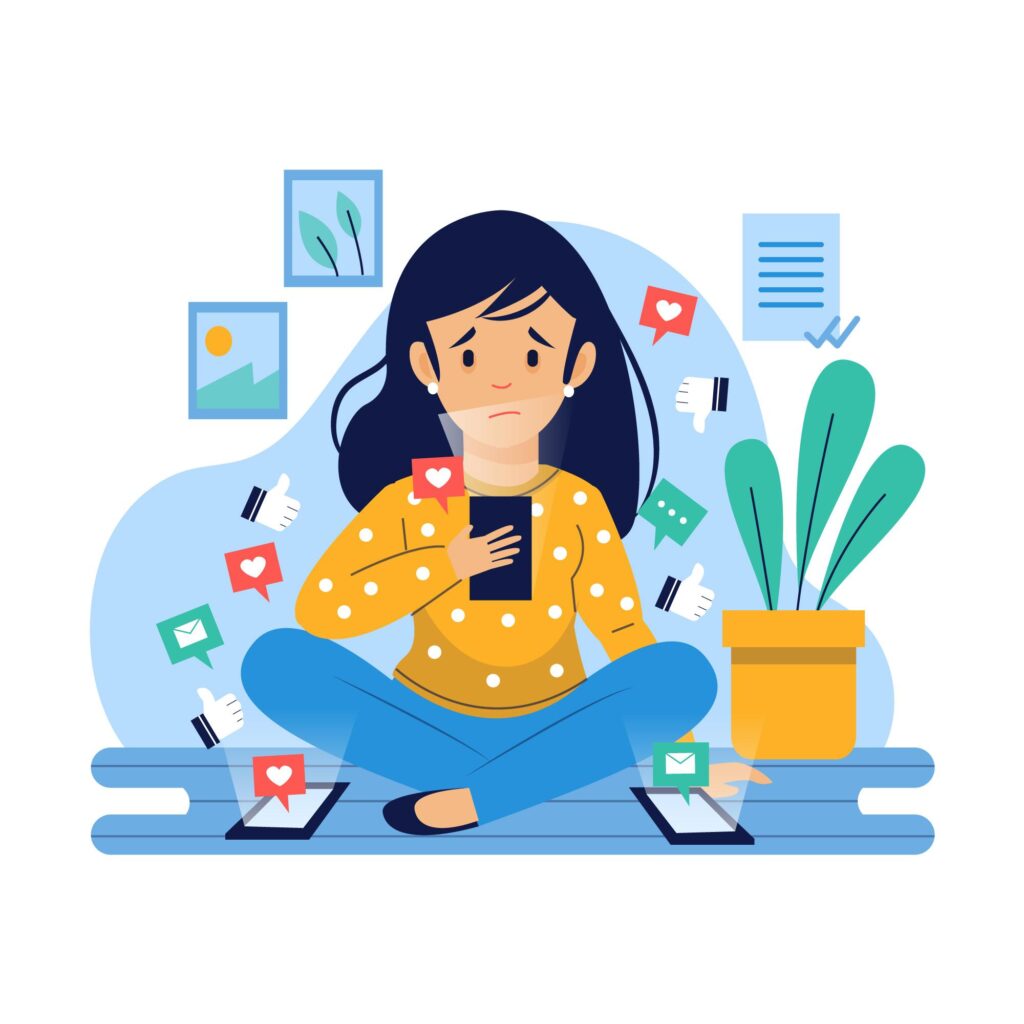 Femme stressée assise avec un smartphone entourée de notifications, illustrant l’addiction aux réseaux sociaux.