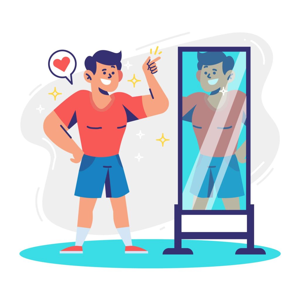 Homme heureux et confiant qui se regarde dans un miroir, symbole de la science de la confiance en soi et du développement personnel.