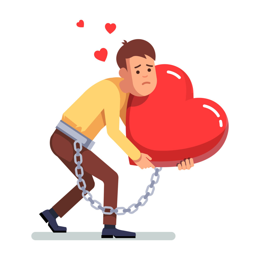 Illustration d’un homme triste enchaîné à un grand cœur rouge, symbolisant la dépendance affective dans une relation.