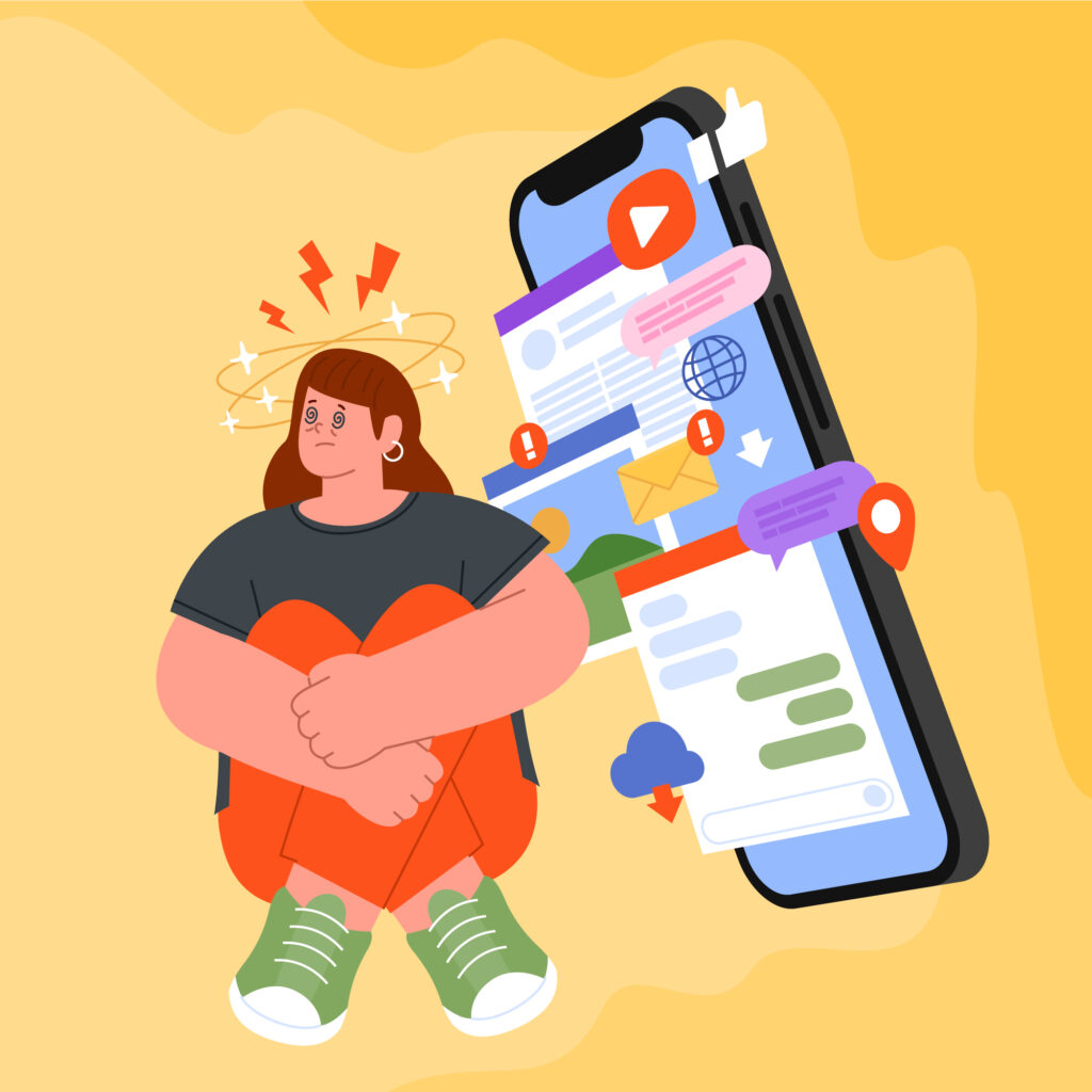 Illustration d’une personne anxieuse entourée de notifications de réseaux sociaux sur un smartphone