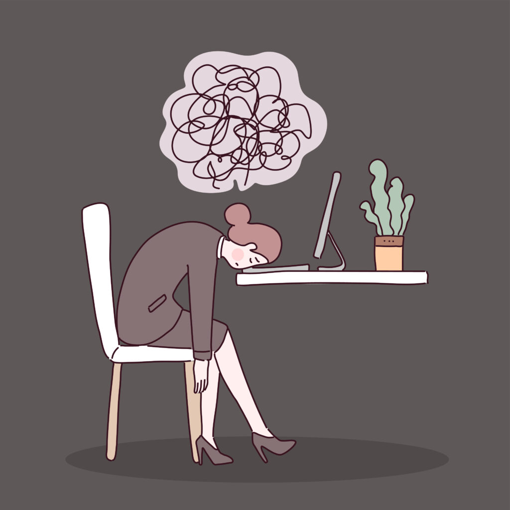 Illustration d’une femme épuisée par ses pensées, cherchant comment arrêter de trop réfléchir au travail et retrouver la clarté mentale.